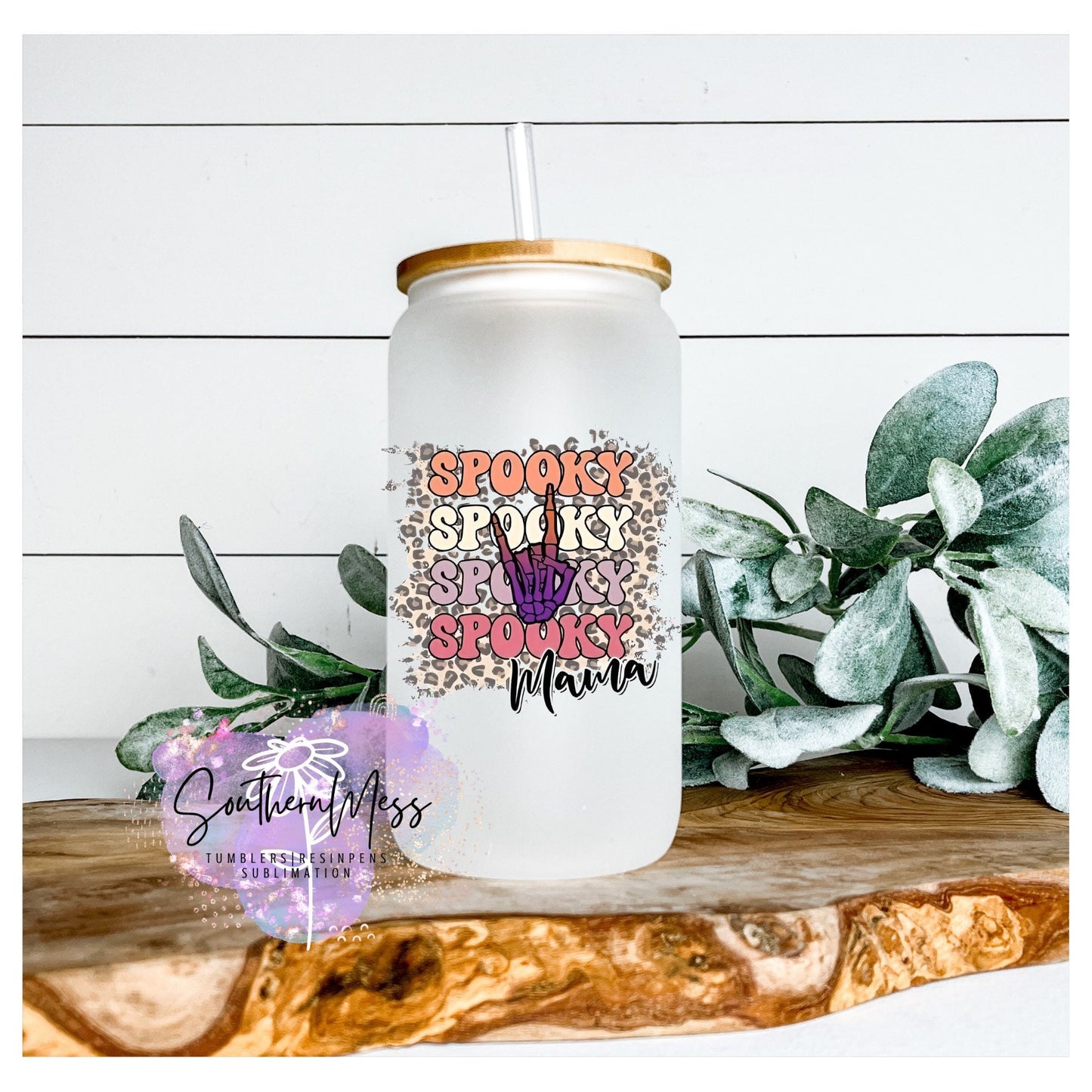 Spooky Mama,Leopard, Frosted glass beer can, 18 oz with bamboo lid and glass straw, Personalized glass tumbler