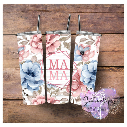 Floral,Mama,Pastel, 20 oz,Stainless Steel, Personalized, Tumbler with lid and metal straw