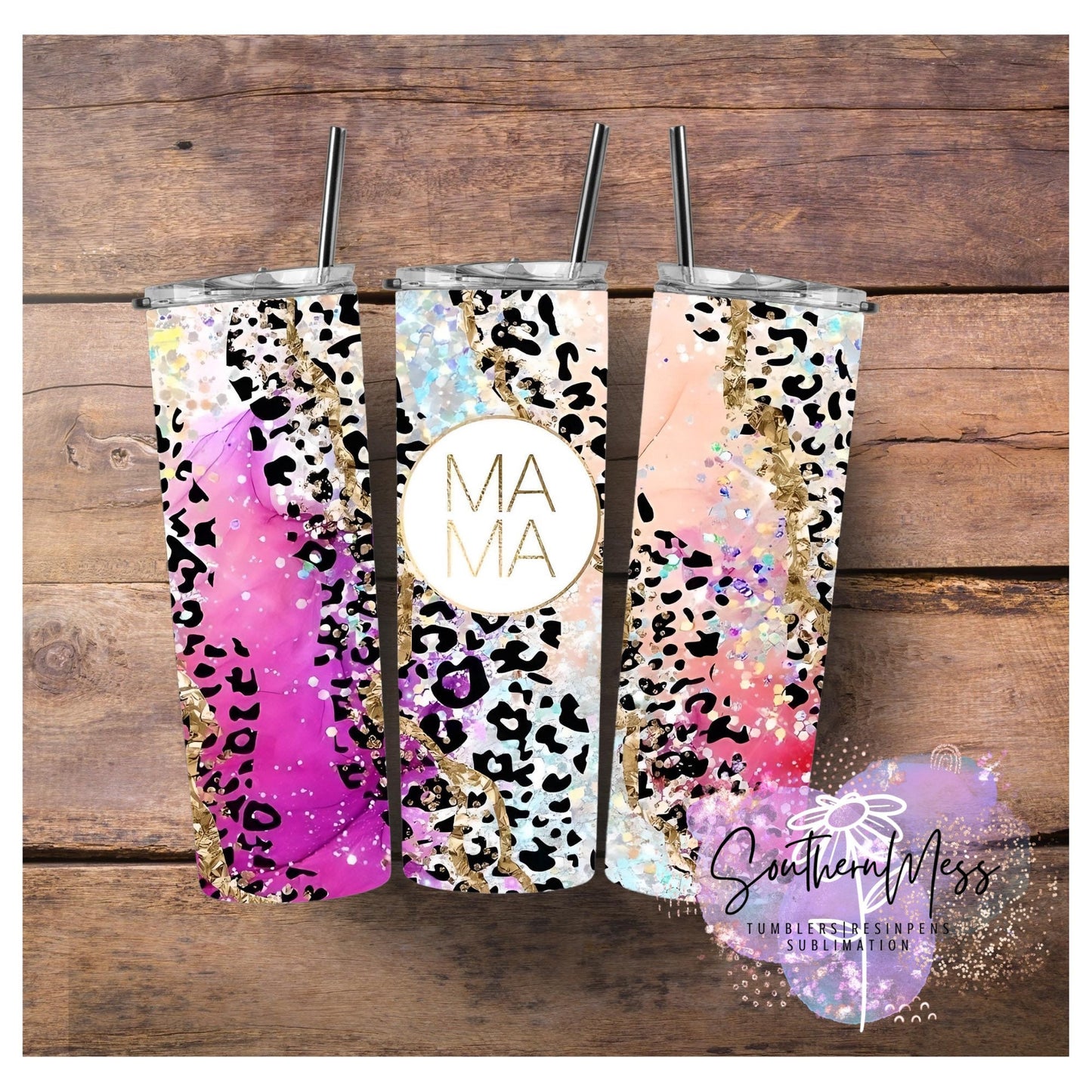 Mama,Pink,Leopard,Swirl, 20 oz,Stainless Steel, Personalized, Tumbler with lid and metal straw