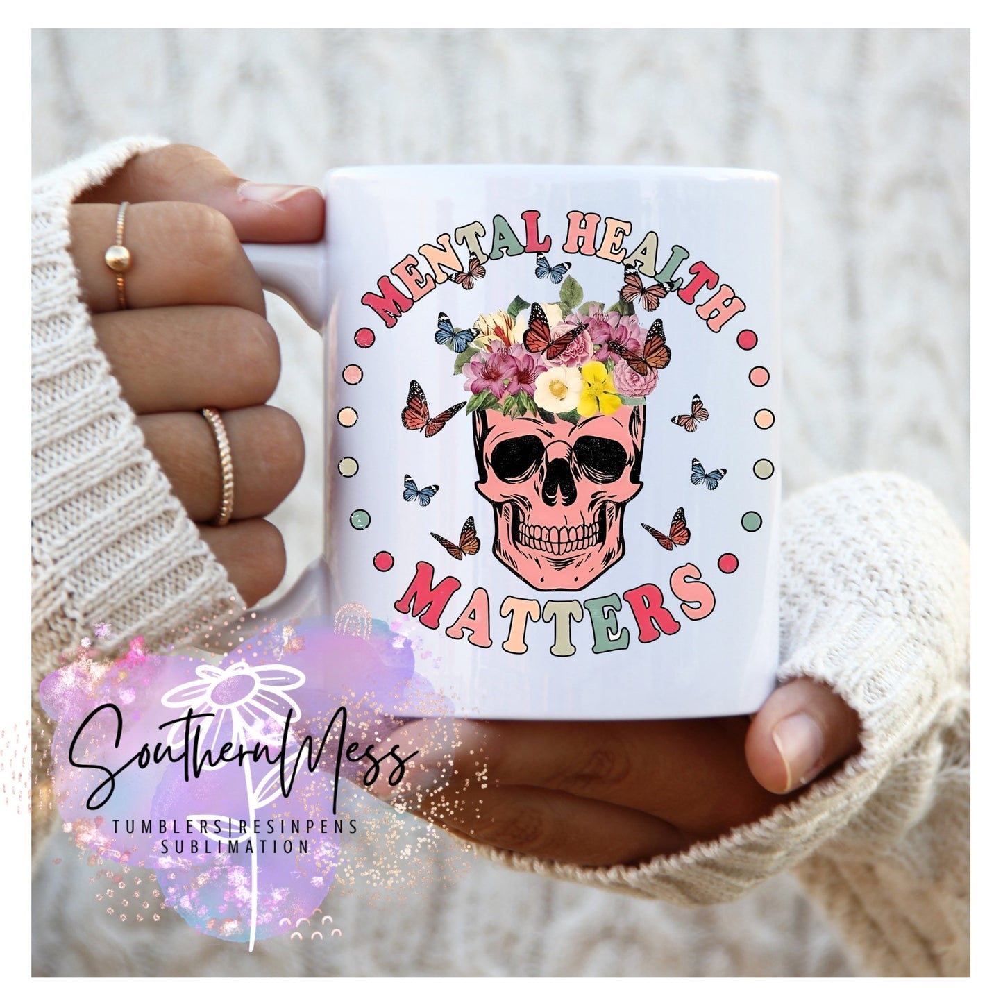 Mental health matters, Floral, Skull, 11 oz, Personalized, Coffee cup