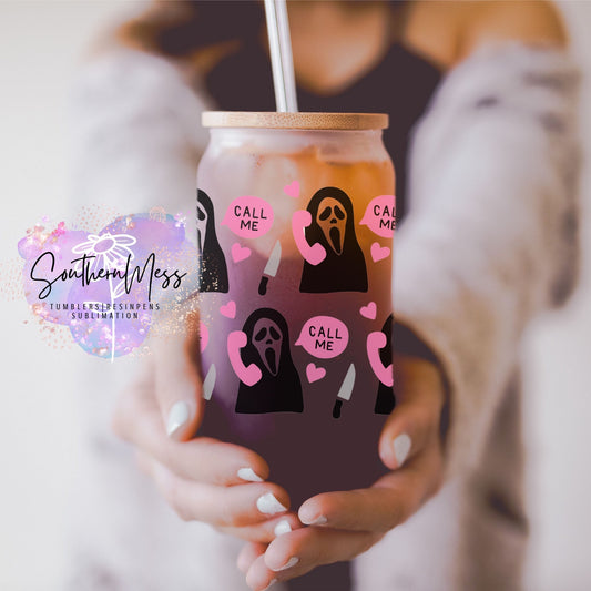 Scream Face,Cute,Halloween,Horror, glass beer can, 18 oz with bamboo lid and plastic or glass straw, Personalized glass tumbler