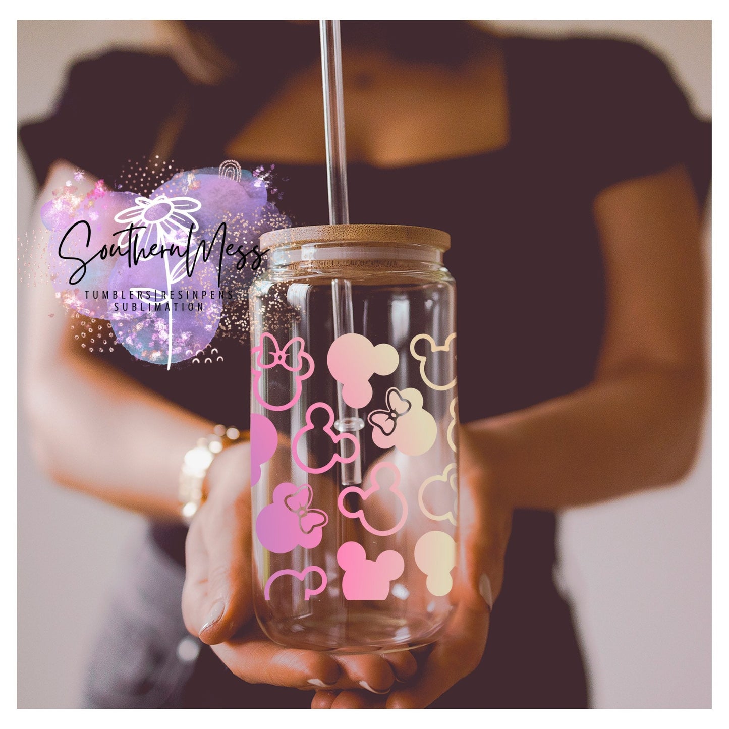 Pastel, Girly, Cute, mixed Mouse ears, glass beer can, 18 oz with bamboo lid and plastic or  glass straw, Personalized glass beer can