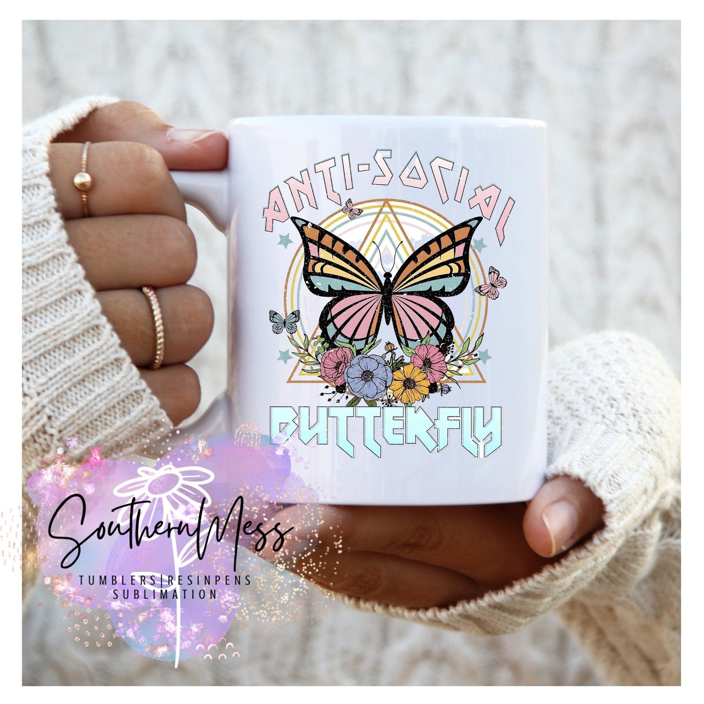 Anti Social, Butterfly, Retro, 11 oz, Personalized, Coffee cup