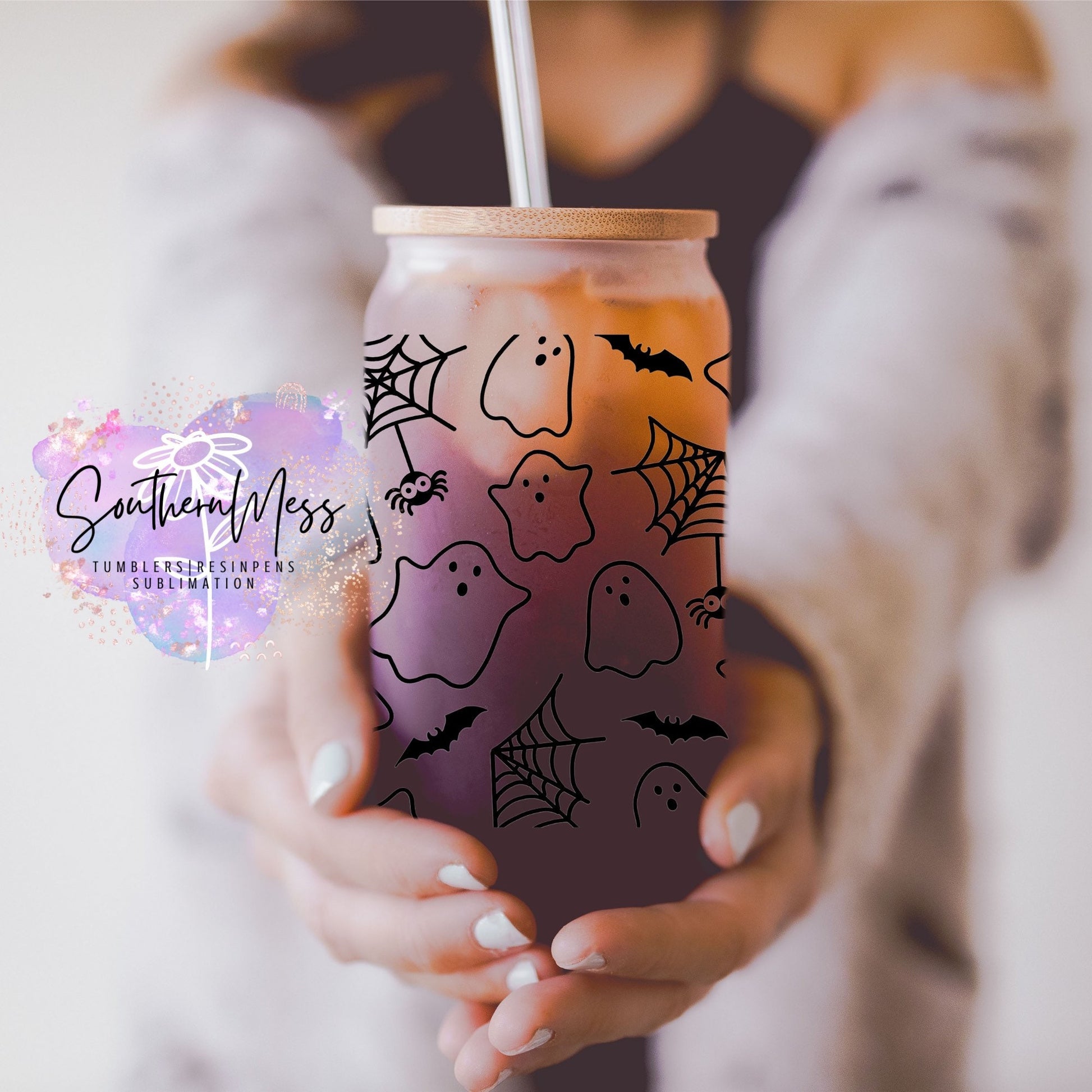 Pink Ghost Halloween Glass Iced Coffee Cup With Bamboo Lid & Glass Straw