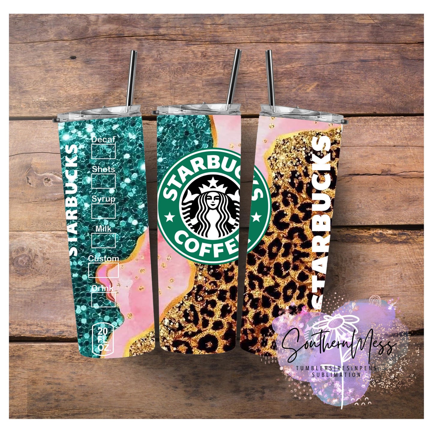 Pink, Teal, Leopard Swirl, Glitter, Starbucks,20 oz skinny tumbler