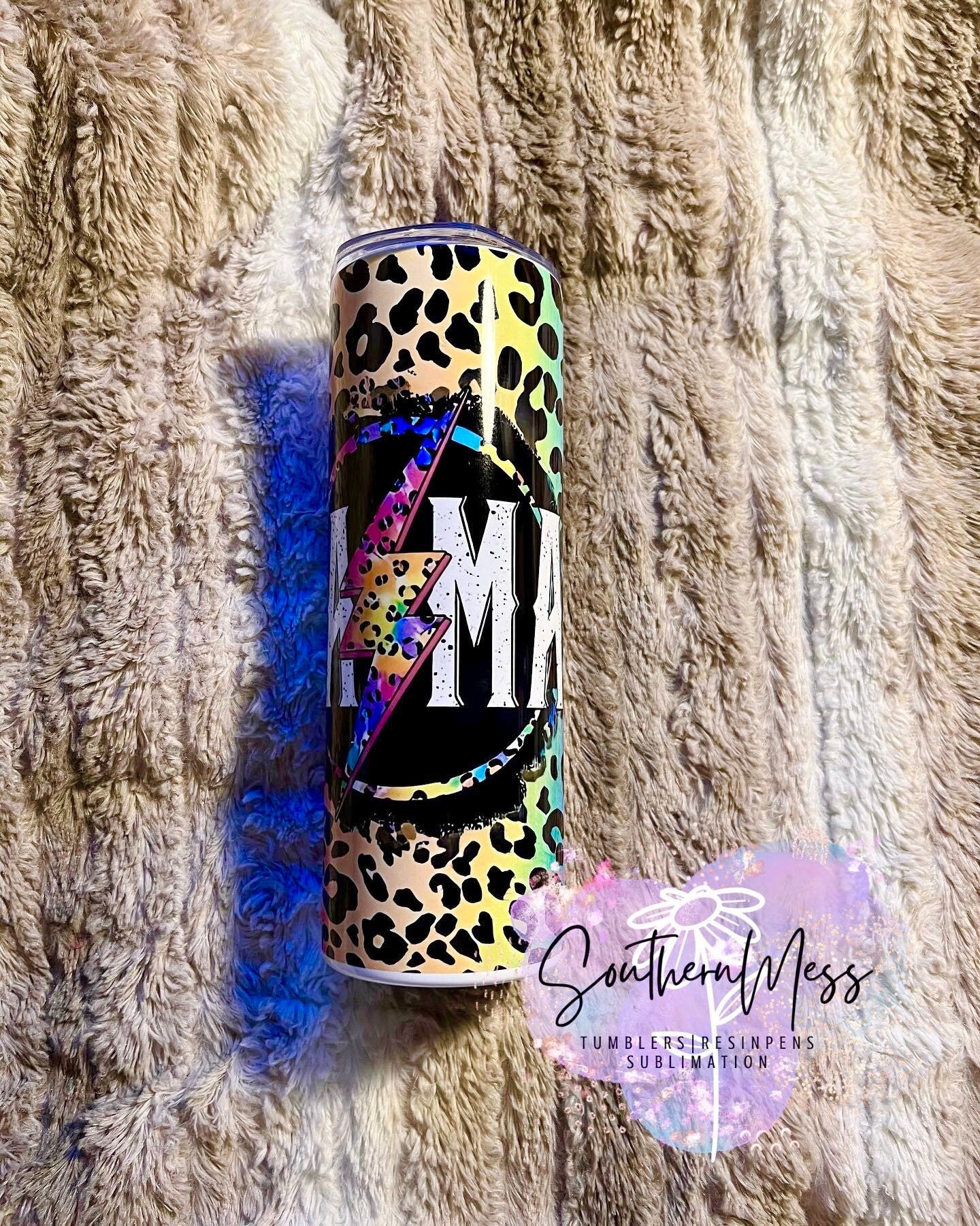Neon,Mama,Leopard, 20 oz,Stainless Steel, Personalized, Tumbler with lid and metal straw
