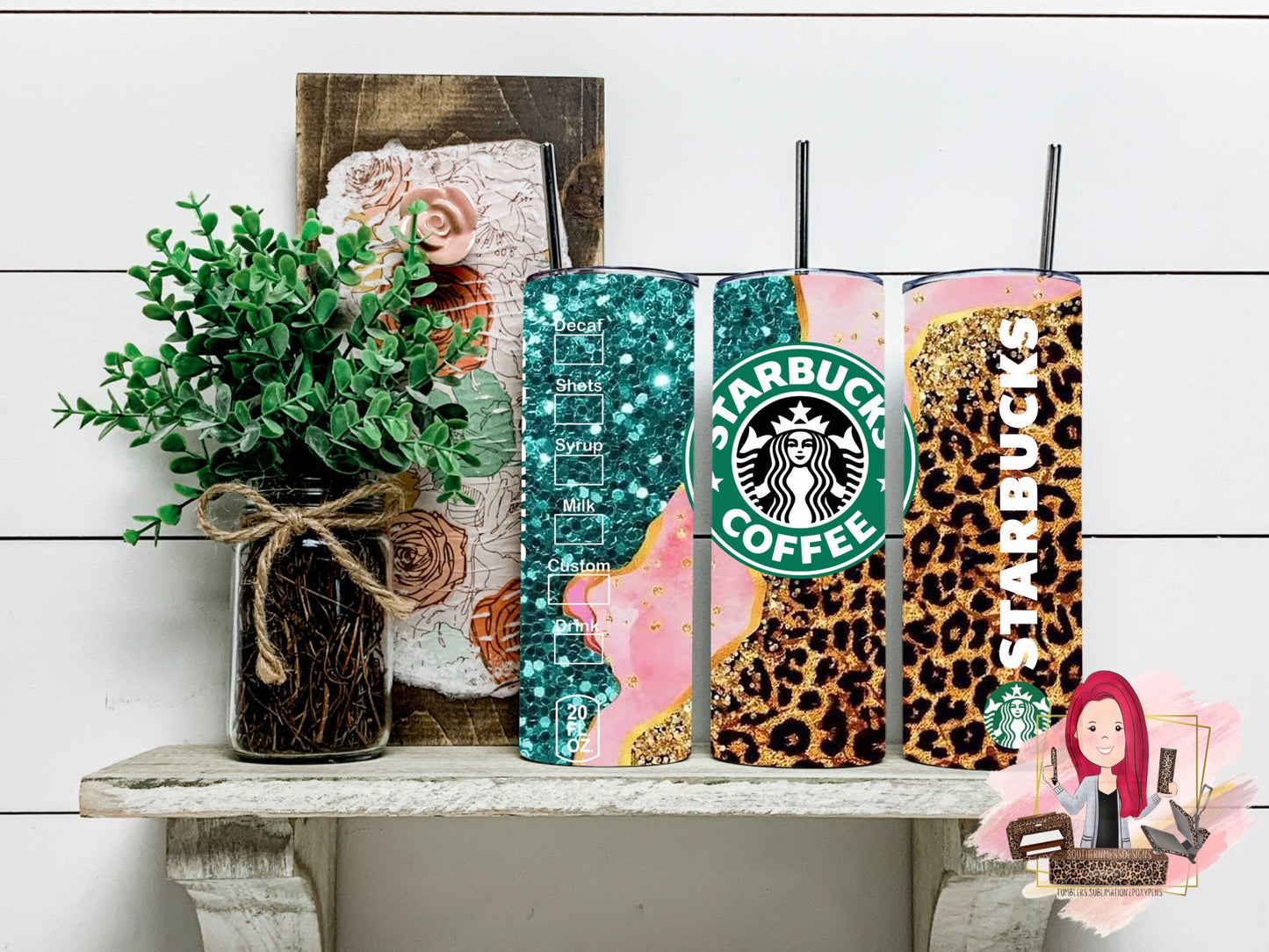 Pink, Teal, Leopard Swirl, Glitter, Starbucks,20 oz skinny tumbler