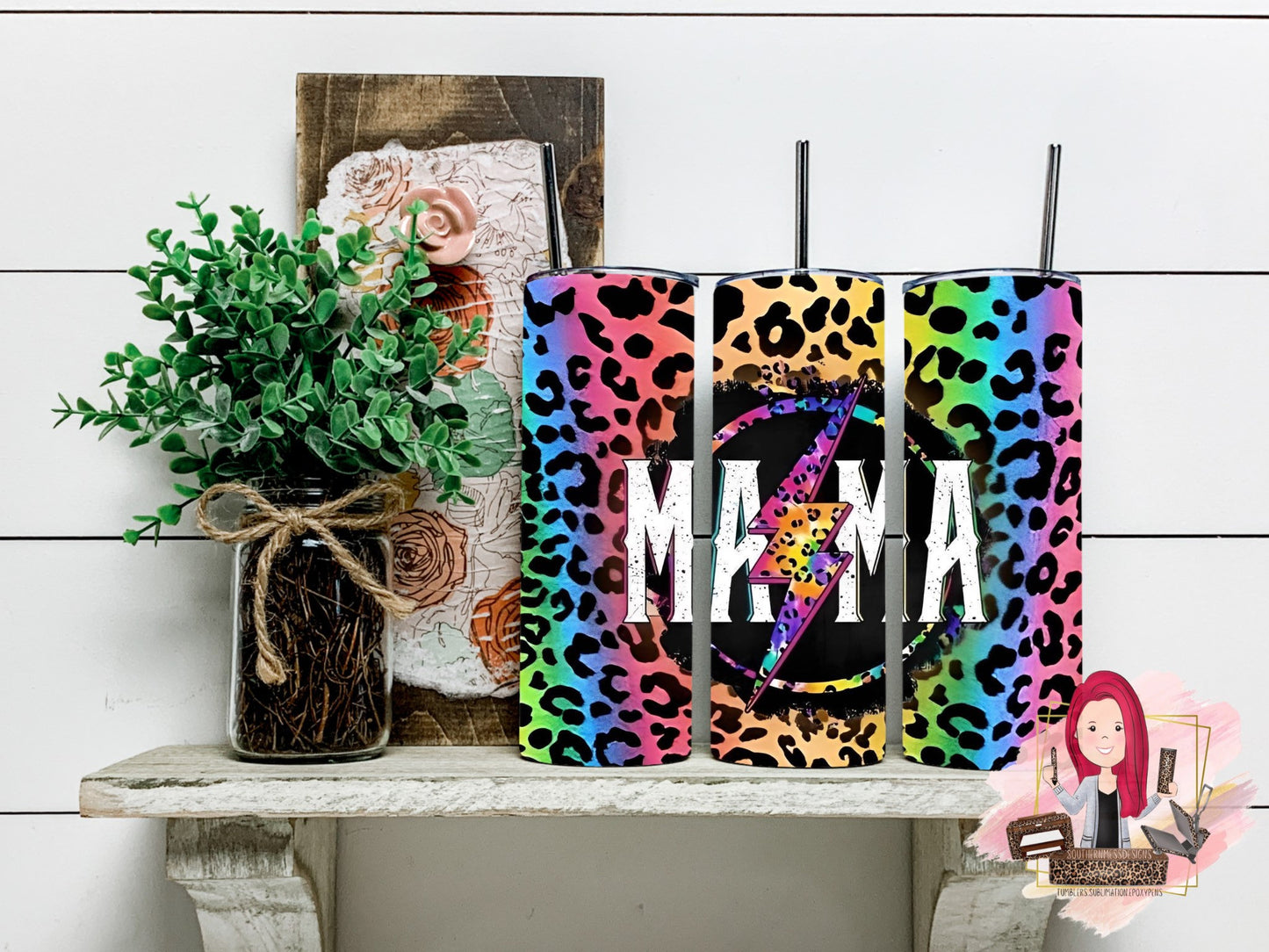 Neon,Mama,Leopard, 20 oz,Stainless Steel, Personalized, Tumbler with lid and metal straw