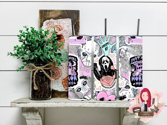 Cute, Pastel, Scream collage, Horror,Halloween, 20 oz,Stainless Steel, Personalized, Tumbler with lid and metal straw